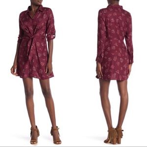 🍷Angie Wine Floral Tie Waist Shirt Dress